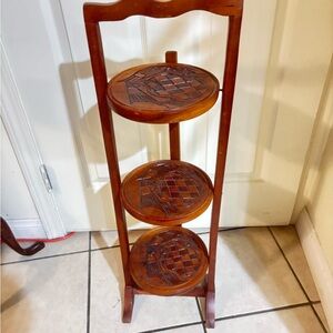 Wooden Three-Tier Stand with Carved Design